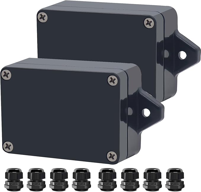 Project Box ABS Black Electrical Boxes IP65 Outdoor Waterproof Box Electronic Junction Box Fixed Ear Power Enclosure with Cable Glands for DIY Project 3.3 x 2.3 x 1.3 Inch (83 x 58 x 33 mm)