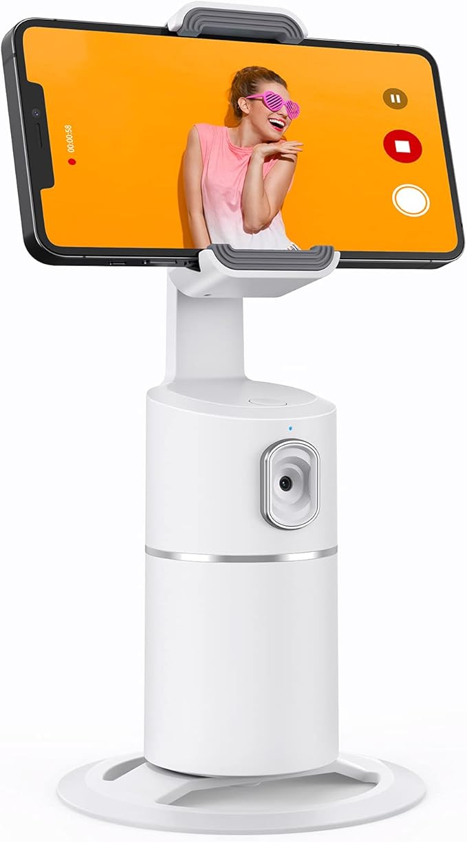 camrola Auto Face Tracking Phone Holder, No App Required, 360° Rotation Face Body Phone Tracking Tripod Smart Shooting Camera Mount for Live Vlog Streaming Video, Rechargeable Battery-White