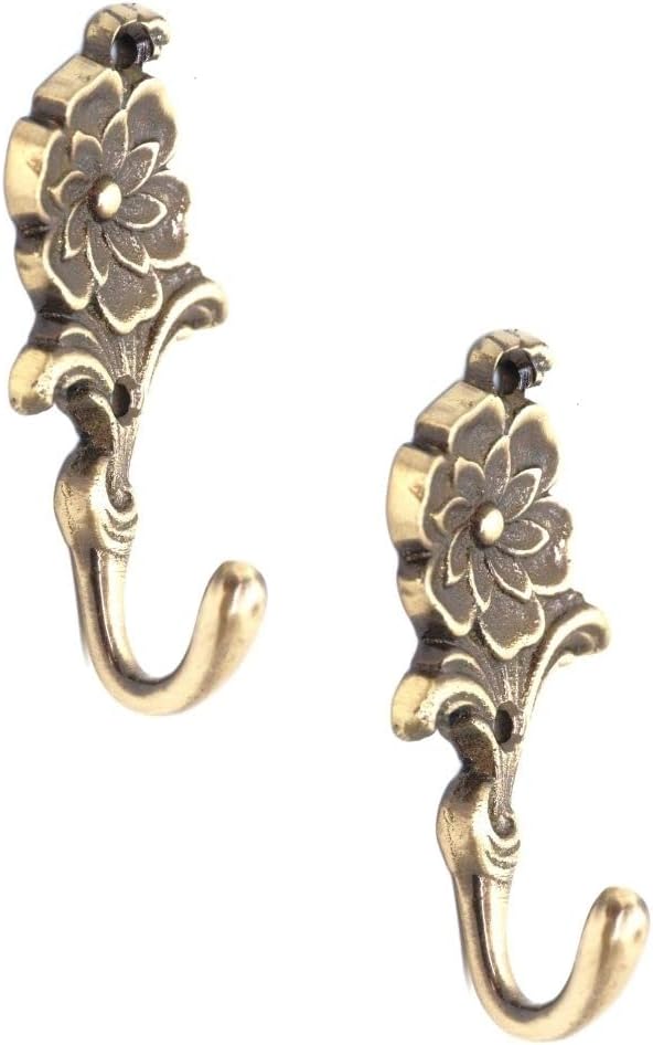 FAPBADRI Multipurpose Hooks, Used to Hang Clothes, Bags, Coats, Curtain Hold Backs, Keys, Colour - Antique Gold, Material - Brass, Flower Design, Screws and Wallplugs Included, Pack of 2 Pieces
