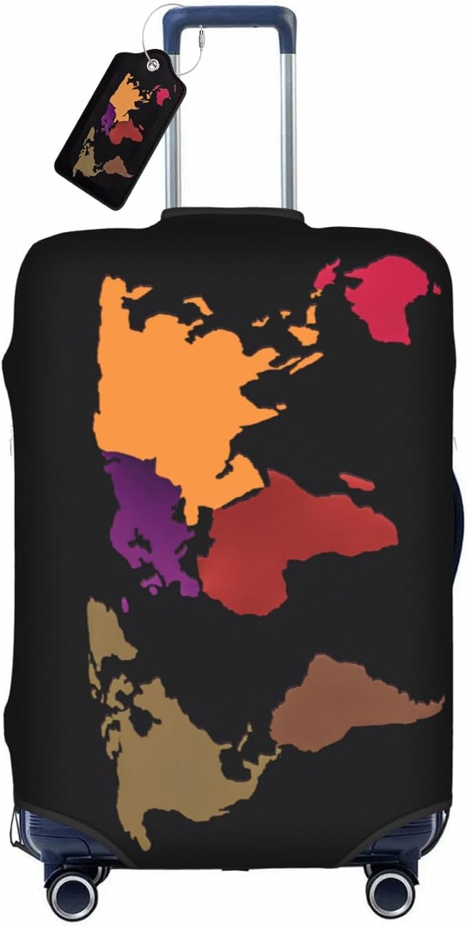 World Map Luggage Cover for Suitcase and Luggage Tag Combination, Elastic Washable Anti-Scratch Protector, Travel Birthday Gift for Men Women (L 26-28 Inch Luggage)