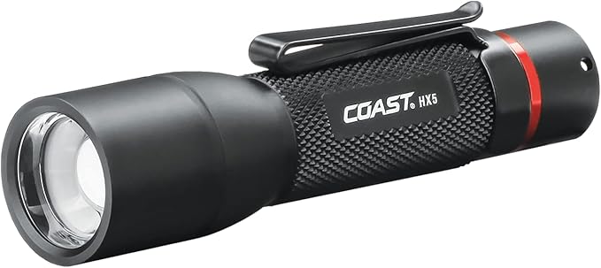 Coast HX5 410 Lumen LED Flashlight, Pure Beam Focusing, Slide Focus, Pocket Clip, Weatherproof, Pocket Sized, Black