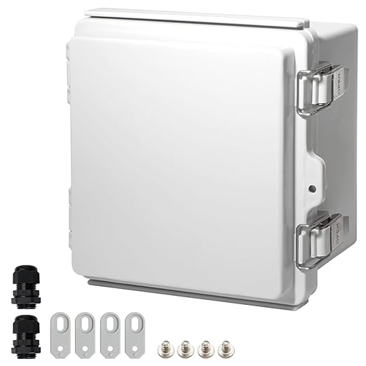 MAKERELE Small Waterproof Electrical Box Outdoor IP67 ABS Plastic Enclosure with Mounting Plate,Hinged Grey Cover,Wall Bracket,Stainless Steel Buckle and 1/4" NPT*2 (5.9"×3.9"×2.7")