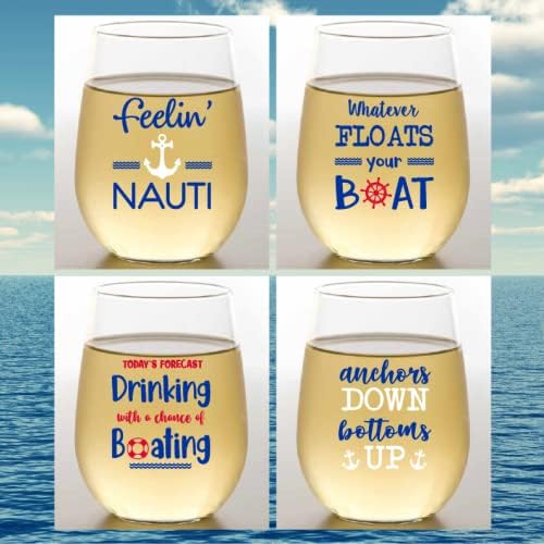 Set of 4 Shatterproof Designer 16 oz Plastic Wine Glasses MADE in the USA (BOAT LIFE)