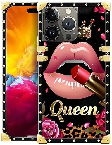 Compatible with iPhone 15 Pro Max Case, Glitter Red Rose Queen Leopard Lipstick Luxury Golden Decoration for Girl Women Soft TPU Shockproof Protective Hard PC Back