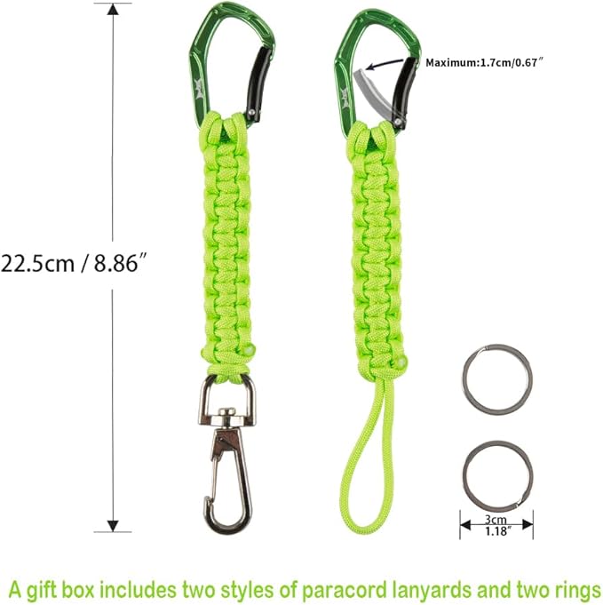 HERCULES Paracord Keychain Set – 2 Pack Lanyard Rope with Aluminum Clip, Durable Paracord Wrist Strap for Outdoor Activities, Neon Green