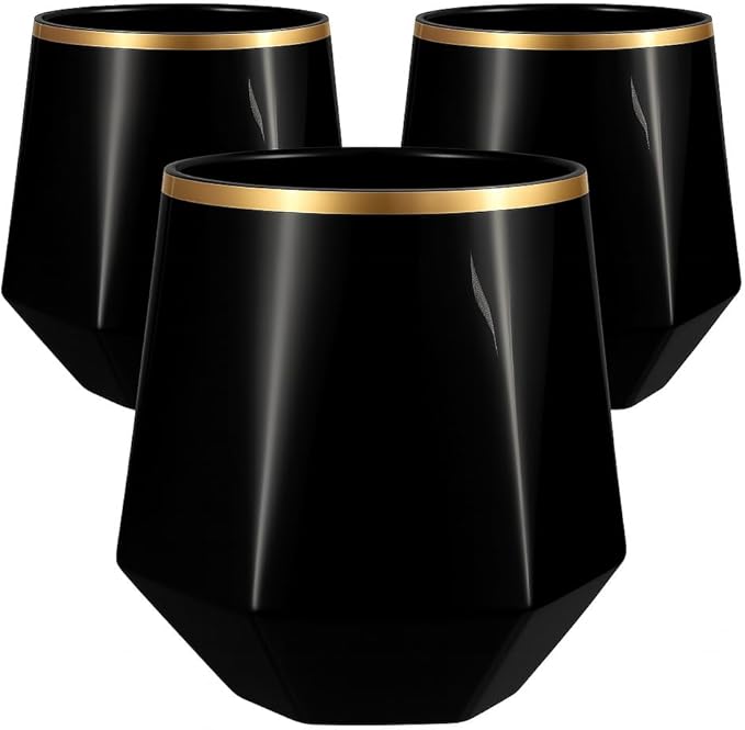 Oojami 40 Pack Diamond-Shaped Disposable Plastic Wine Glasses, 12 oz Stemless Cups for Champagne, Whiskey, Cocktails, Party Drinkware for Weddings, Bars, Events, Diamond Black Matte Gold