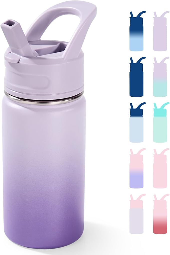 Fijinhom 12oz Kids Water Bottle for School, Toddler Bottles with Straws, Stainless Steel Vacuum Insulated Water Bottle for Boys&Girls, Leak-Proof, BPA-Free, Lavender