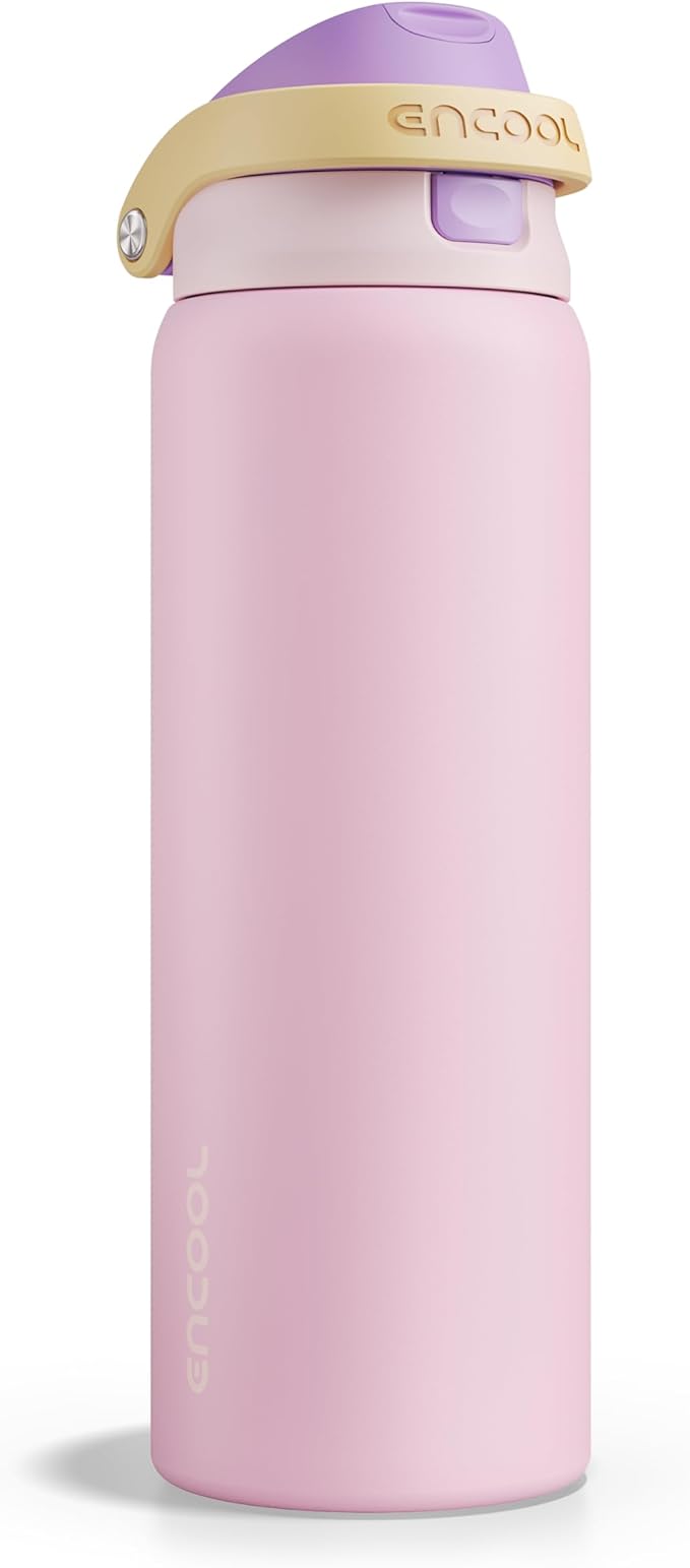 ENCOOL Leakproof Insulated Water Bottle with Straw Dual-Sip Water Bottle Bag-Safe Design for Work, Commute & Gym – Keeps Drinks Cold All Day, 32 oz, Peach Purple