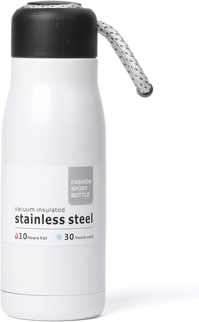 Small Water Bottle 12 oz, Dusgut Insulated Water Bottle, Stainless Steel, Wide Mouth Portable Lid, Ice White