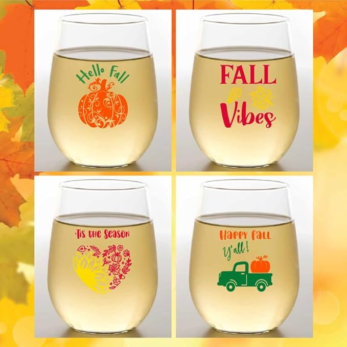 Set of 4 Shatterproof Designer 16 oz Plastic Wine Glasses MADE in the USA (HAPPY FALL Y'ALL)