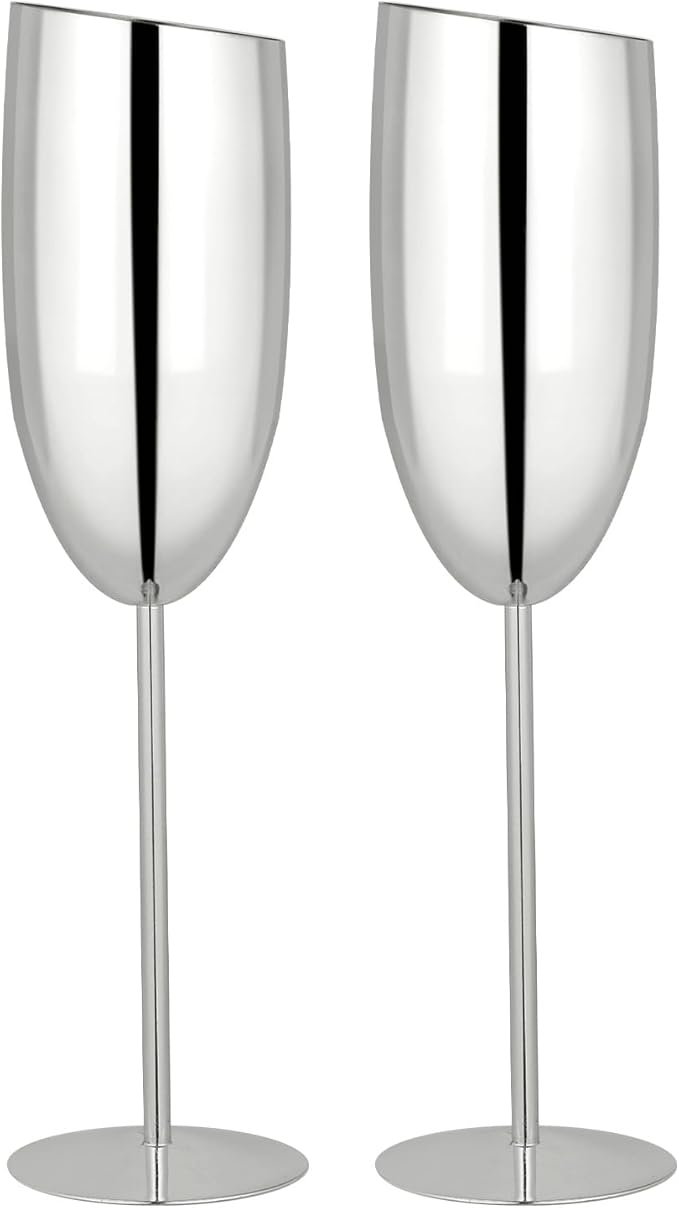 TJ Champagne Glasses Set of 2 Stainless Steel Champagne Flutes 8.5 oz Unbreakable Sliver Champagne Glasses Reusable Indoor Outdoor Travel Drinkware for Party Wedding Christmas Anniversary Birthday