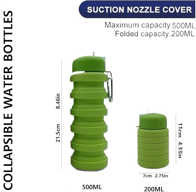 Collapsible Water Bottles 3 Pack 16oz(about 500ml), Travel Portable Sport Water Bottle, Silicone Foldable Water Bottles for Gym Camping Outdoor Hiking. (Black+Blue+Green)