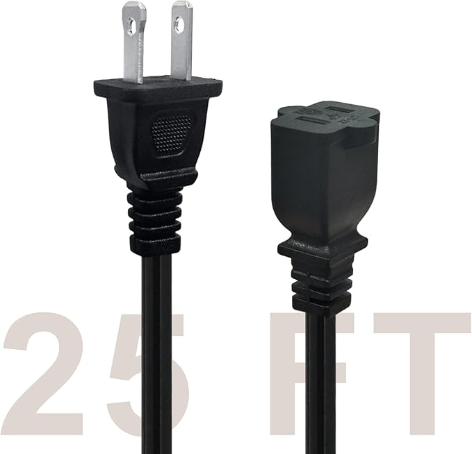 25 FT 2 Prong Extension Cord, 18AWG SPT-2 Indoor Male to Female Power Cord ETL Listed Extra Long Extension Cords, Flexible & Thin Design for Home Office Use, 10A 1250W, Polarized Plug, Black