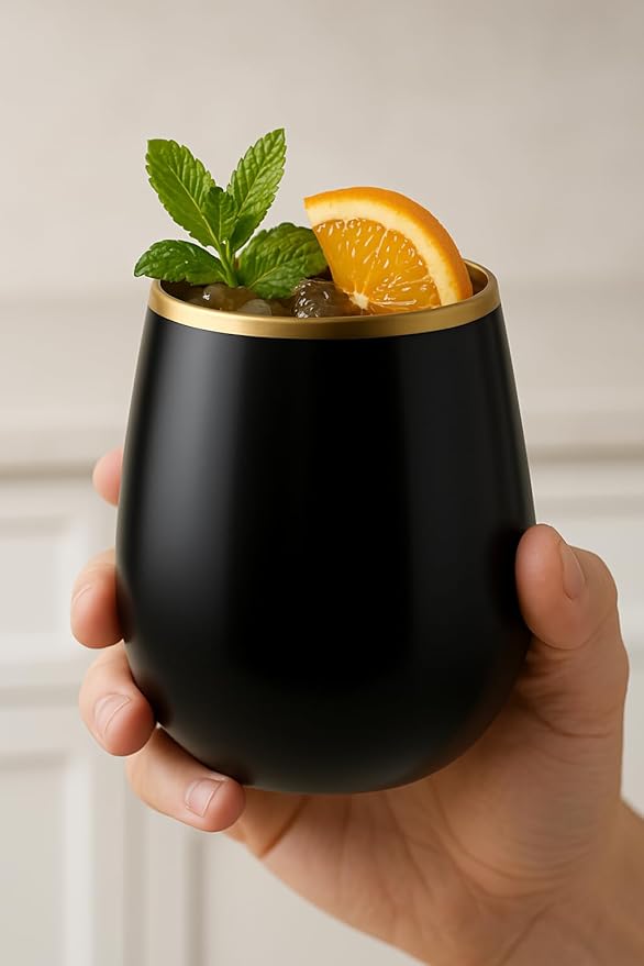 Oojami 40 count 12 Ounce Cups Unbreakable Stemless Plastic Wine Champagne Whiskey Glasses Elegant Durable Disposable Indoor Outdoor Ideal for Home, Office, Bars, Wedding, Black Gold Rim Matte