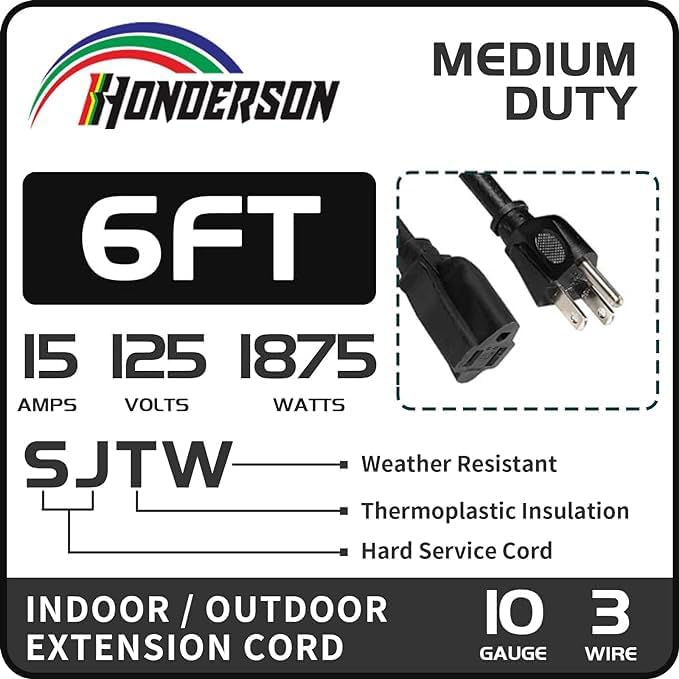 Indoor Outdoor Extension Cord Weatherproof, UL Certified, 10 Gauge 6FT Black 3 Prong Heavy Duty, 10/3 SJTW 15A Power Cord for Outdoor Lights, Appliances, Lawn