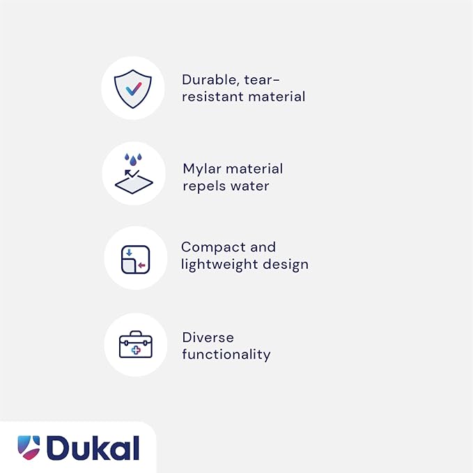 Dukal 721 Emergency Survival Blanket Mylar Wrap | Thermal Properties, Convenient Storage | Protection Against Wind, Rain, Sun | Diverse Functionality for Outdoor Enthusiasts & Responders | Pack of 1