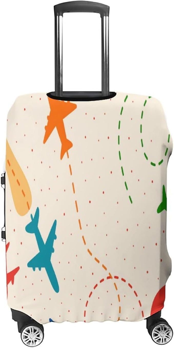 Colorful Airplane Stretch Luggage Cover, Washable Suitcase Protector Fits 30-32in Cases, Secure Fit for Carry On Checked Bags, Travel Essentials