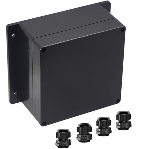 Junction Box IP65 Waterproof ABS Plastic Electrical Project Case Power Junction Boxes, Project Box with Fixed Ear Black 6.30x6.30x3.54 inch (160 x 160 x90 mm)