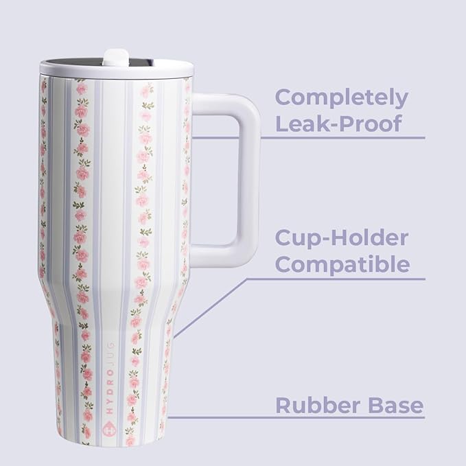 HydroJug Traveler - 40 oz Water Bottle with Handle & Flip Straw - Fits in Cup Holder, Leak Resistant Tumbler-Reusable Insulated Stainless Steel & Rubber Base - Gifts for Women & Men, Primrose