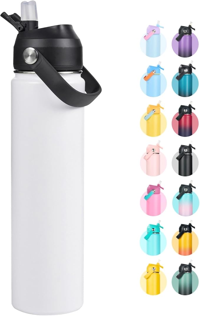 Fijinhom 24oz Insulated Stainless Steel Water Bottle, Wide Mouth Double Wall Vacuum, Silicone Straw, Sweat & Leak Proof, BPA Free Insulated Water Flask for Travel, Keep Cold 24h Hot 12h, White