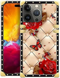 Compatible with iPhone 15 Pro Max Case, Shining Red Rose Butterfly Leather Background Luxury Golden Decoration for Girl Women Soft TPU Shockproof Protective Hard PC Back