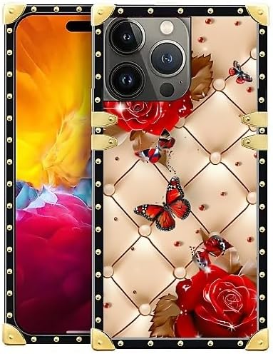 Compatible with iPhone 15 Pro Max Case, Shining Red Rose Butterfly Leather Background Luxury Golden Decoration for Girl Women Soft TPU Shockproof Protective Hard PC Back
