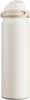 POWCAN 40 oz Insulated Water Bottle, 2-in-1 Push-Button Spout & Quick-Flip Straw Lid, Leakproof, Keep Cold 24Hrs, BPA-Free, Stainless Steel Water Bottle for Sports, School, Travel, Gym (Oat Mousse)