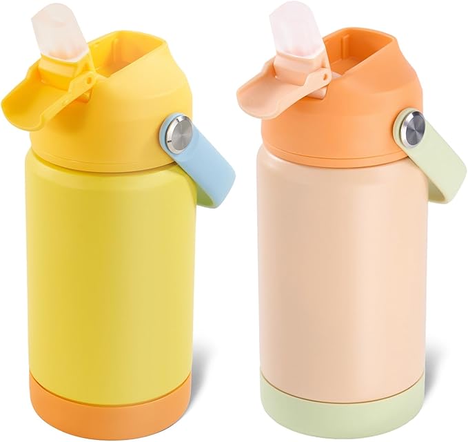 Kerilyn 12oz Kids Water Bottle 2 Pack, Stainless Steel Insulated Water Bottle Bulk, Toddler Cups with Straws Leak-Proof, Kids Water Bottles for School Boys Girls, BPA Free, Cantaloupe + Yellow