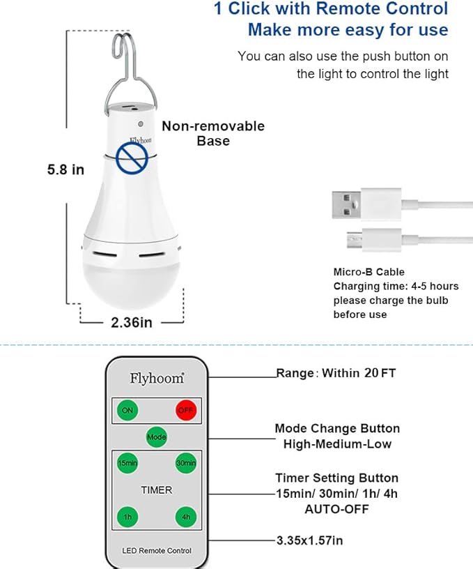 USB Rechargeable Light Bulbs with Remote, 4 Light Modes + Timer, 1200 mAh Rechargeable Battery, Portable LED Tent Light Bulbs for Home Emergency Camping Tent (Pack of 2)