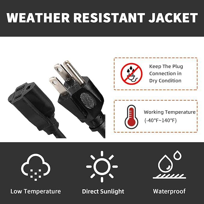 Indoor Outdoor Extension Cord Weatherproof, UL Certified, 14 Gauge 10FT Black 3 Prong Heavy Duty, 14/3 SJTW 15A Power Cord for Outdoor Lights, Appliances, Lawn
