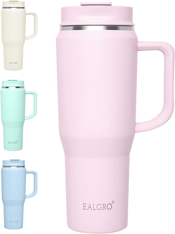 EALGRO 40 oz Tumbler with Handle, Insulated Tumblers with Lid and Straw, Large Metal Sports Water Bottle Jug, Thermal Stainless Steel Travel Coffee Mug Cup, Blush