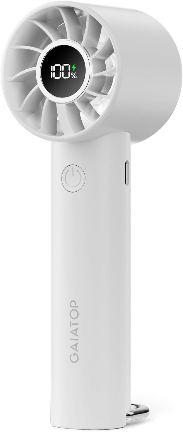 Gaiatop Portable Mini Fan, 3 Speed Handheld Fans with Power Display Flashlight, USB Rechargeable Battery, Lightweight Personal Cooling for Women Men Indoor Outdoor Travel White