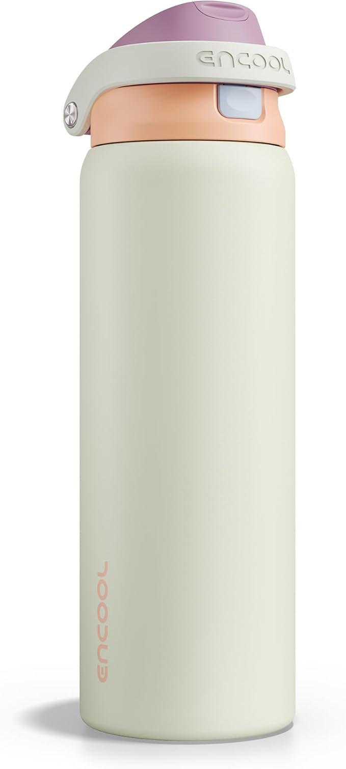ENCOOL Leakproof Insulated Water Bottle with Straw Dual-Sip Water Bottle Bag-Safe Design for Work, Commute & Gym – Keeps Drinks Cold All Day, 32 oz, Sand Beige