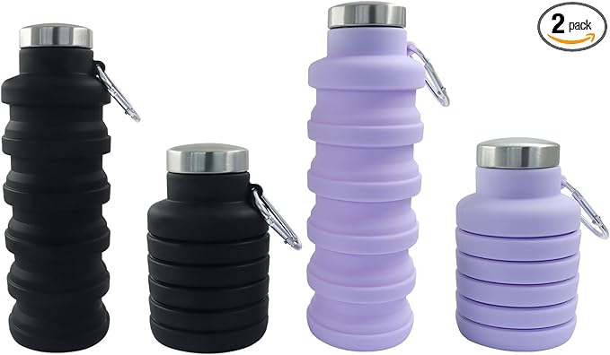 2 Pcs Silicone Collapsible Water Bottle, 17oz(500ml) Portable and Lightweight Travel Water Bottle Silicone Foldable Water Bottles(Black+Purple)