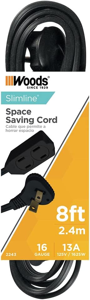 Woods 2243 16/3 Flat Indoor Extension Cord, 8-Foot, 3 Grounded Outlets, Right Angled Plug, Space Saving Design, UL Listed, Black