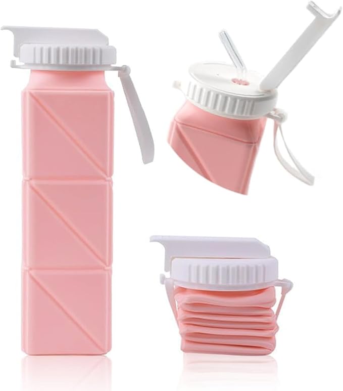 EOBTAIN Pink Travel Collapsible Water Bottle with Straw 20oz BPA Free Portable Silicone Foldable Water Bottles Cups,Lightweight Durable Sports Water Bottles for Hiking,Camping,Gym