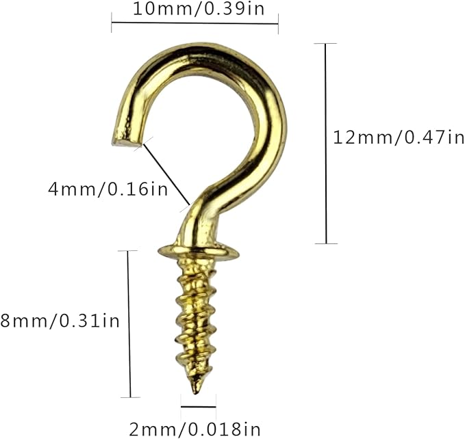 Set of 100 Nickel Plated Metallic Golden Cup Hooks Small Hooks, 1/2 Inch Delicate Size, Threaded Ceiling Hooks, Plant Hooks, Kitchen, and More Multi-Purpose in One.