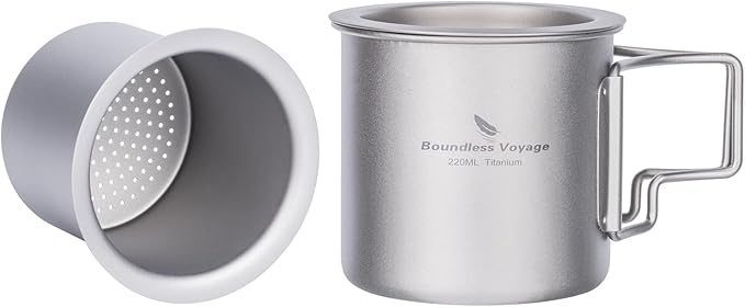 iBasingo 220ml Titanium Cup with Strainer Camping Mug with Lid Foldable Handle Single-walled Lightweight Portable for Outdoor Drinking Drinkware US-Ti3057D