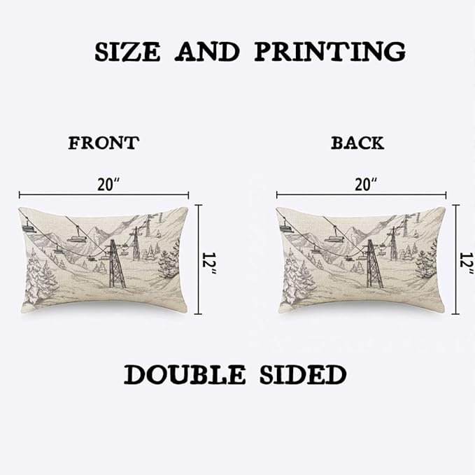 TKS MITLAN Mountain Ski Lift Pillow Cover 12x20 inch Sketch White Wintertime Snow Landscape Resort Rustic Linen Throw Pillow Covers 12x20 Inch for Sofa Couch Decoration