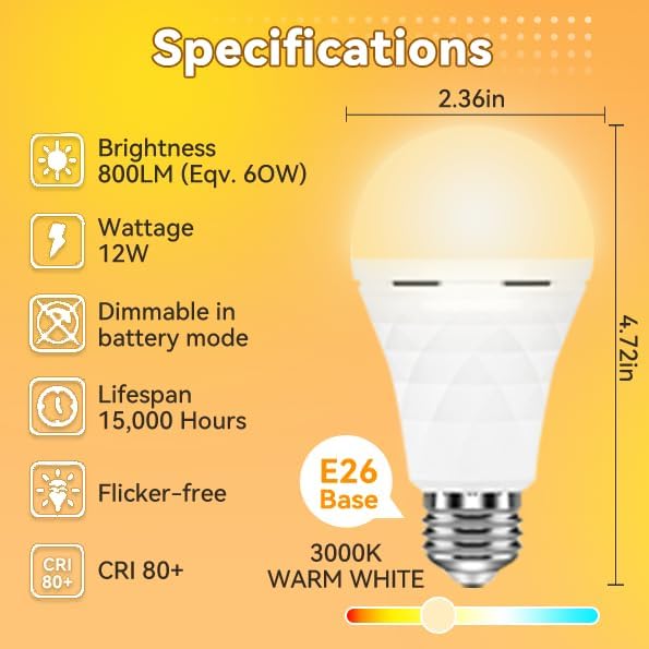 Neporal LITE PRO Rechargeable Light Bulbs, 2600mAh Large Battery Backup Light Bulbs, Perfect As Emergency Lights for Home, Hurricane Prepareness Item, E26/E27 (Soft White-2600mAh)