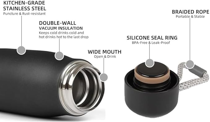 Dusgut Water Bottle with Portable Lid Metal Thermos Vacuum Insulated Stainless Steel | Reusable Leak Proof BPA-Free Flask | 17oz, Black