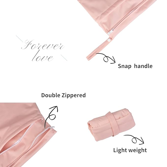 ALVA ALVABABY 3pcs Baby Cloth Diaper Wet/Dry Bags|Waterproof Reusable with Two Pockets|Travel, Beach, Pool, Daycare, Soiled Baby Items,Yoga，Gym Bag for Swimsuits or Wet Clothes Pink