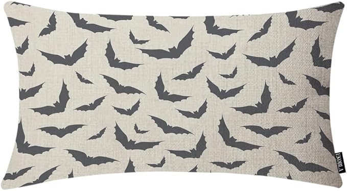 EKOBLA Evil Bats Pattern Rectangle Pillow Cases Halloween Pattern Bats Gothic Style Black Decorative Pillow Covers Cotton Linen Cushion Cover for Home Sofa Couch Decor 12x20 Inches
