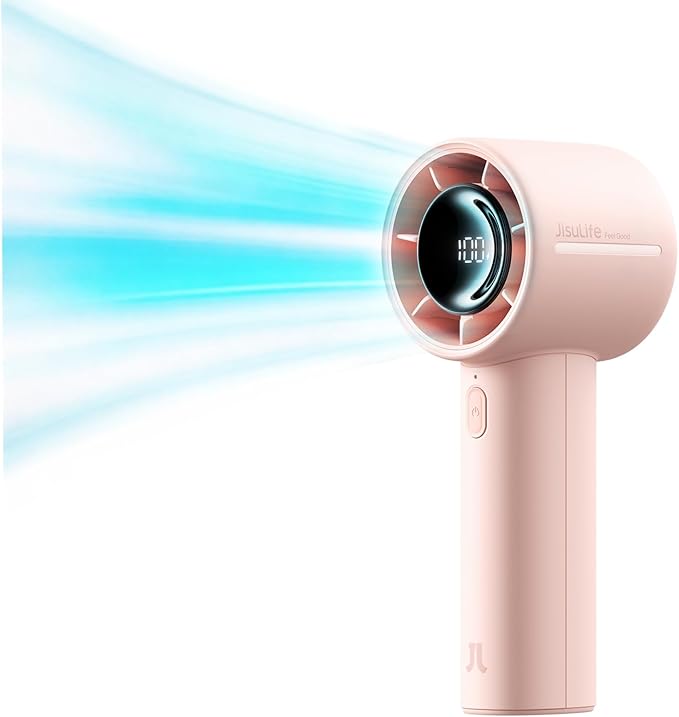 JISULIFE Handheld Turbo Fan Life10s, 5000mAh Rechargeable Portable Fans,Up to 28 Hours Working,5 Speed Strong Wind,Personal Mini Fan for Travel Outdoor Camping Beach Makeup（pink）