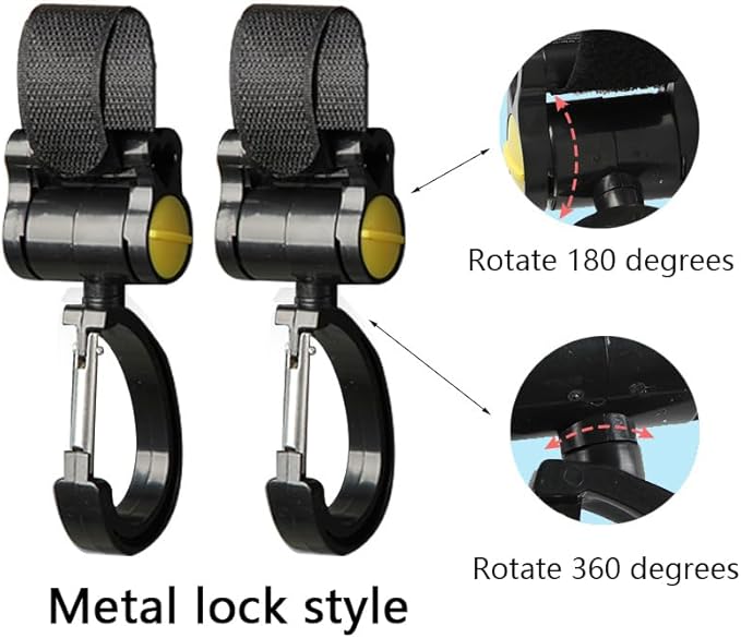 2 Pcs Walker Hook Hanging Multipurpose 360° Rotation Stroller Clip Diaper Bag Hanger for Walker Rollator Crutches Wheelchair Shopping Cart Car Back Seat Purses Bike Wheelchair Pushchair (Closing)