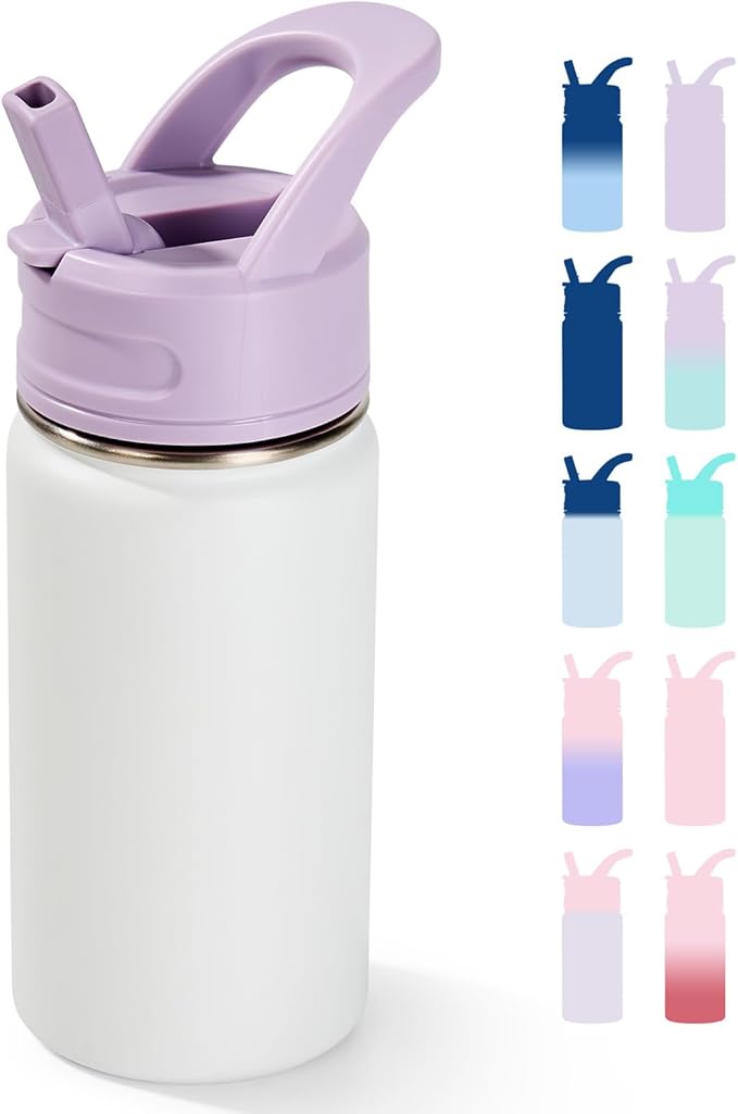 Fijinhom 12oz Kids Water Bottle for School, Toddler Bottles with Straws, Stainless Steel Vacuum Insulated Water Bottle for Boys&Girls, Leak-Proof, BPA-Free, Gentle Purple