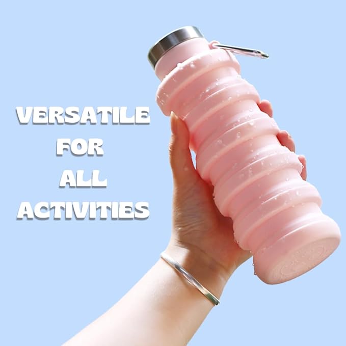 Vnek Portable Collapsible Water Bottle - Lightweight Silicone Bottle 500ml, BPA-Free, Leak-Proof and Foldable for Gym, Travel, Hiking, Camping, and Everyday Use (Pink)
