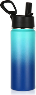 Volhoply 18oz Kids Insulated Water Bottle,Stainless Steel Water Bottles with Straw Lid,Wide Mouth Reusable Metal Water Bottle,Double Wall Vacuum Sports Flask For Cold Drink(Green Blue,1 Set)