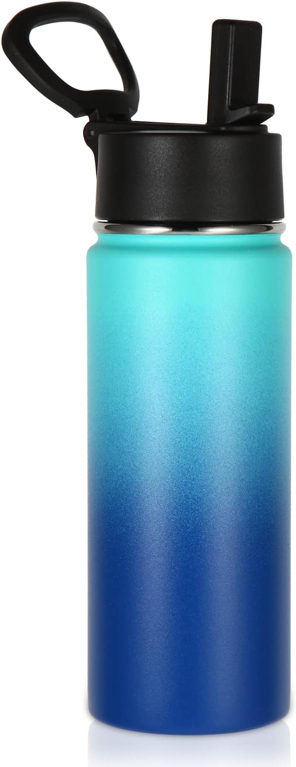 Volhoply 18oz Kids Insulated Water Bottle,Stainless Steel Water Bottles with Straw Lid,Wide Mouth Reusable Metal Water Bottle,Double Wall Vacuum Sports Flask For Cold Drink(Green Blue,1 Set)