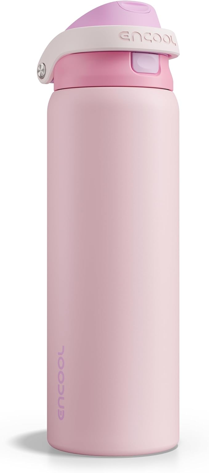 ENCOOL Leakproof Insulated Water Bottle with Straw Dual-Sip Water Bottle Bag-Safe Design for Work, Commute & Gym – Keeps Drinks Cold All Day, 32 oz, Macaron Pink
